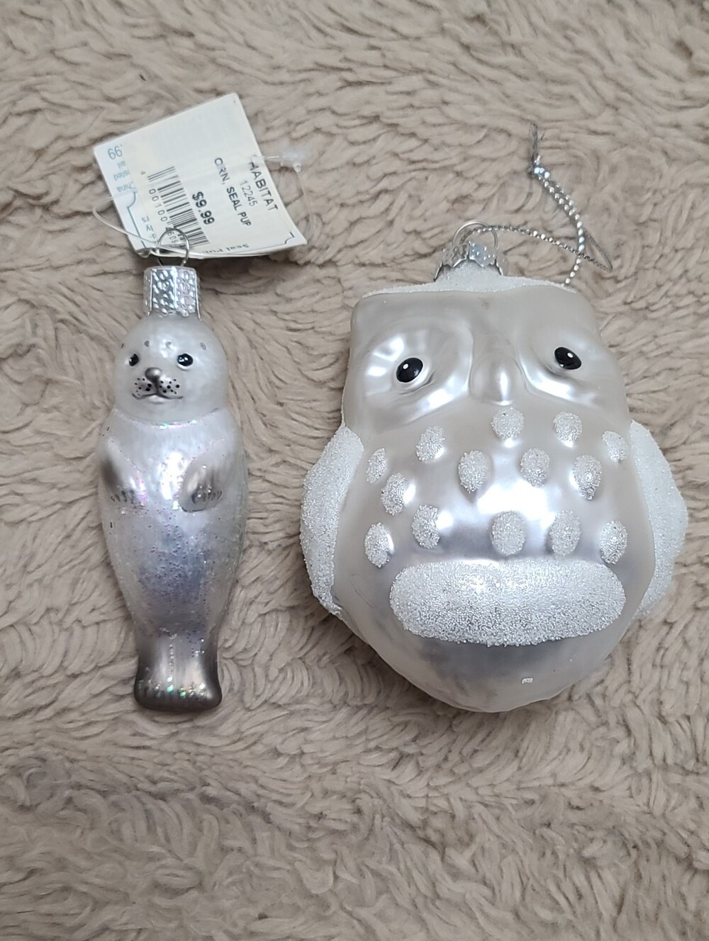 Glass Pearlescent Silver And White Seal and Owl Glass Ornaments